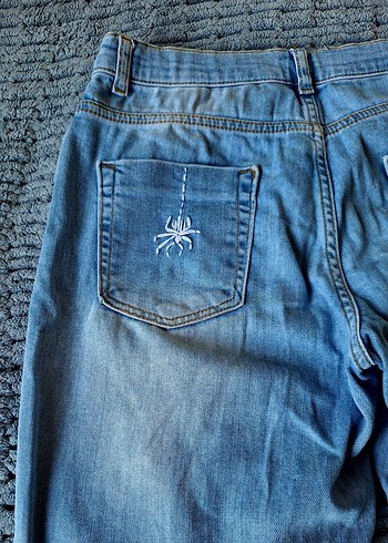 Nakışlı Düğmeli Mavi Bol Kesim kişiselleştirilmiş kot Pantolon - Görsel 2