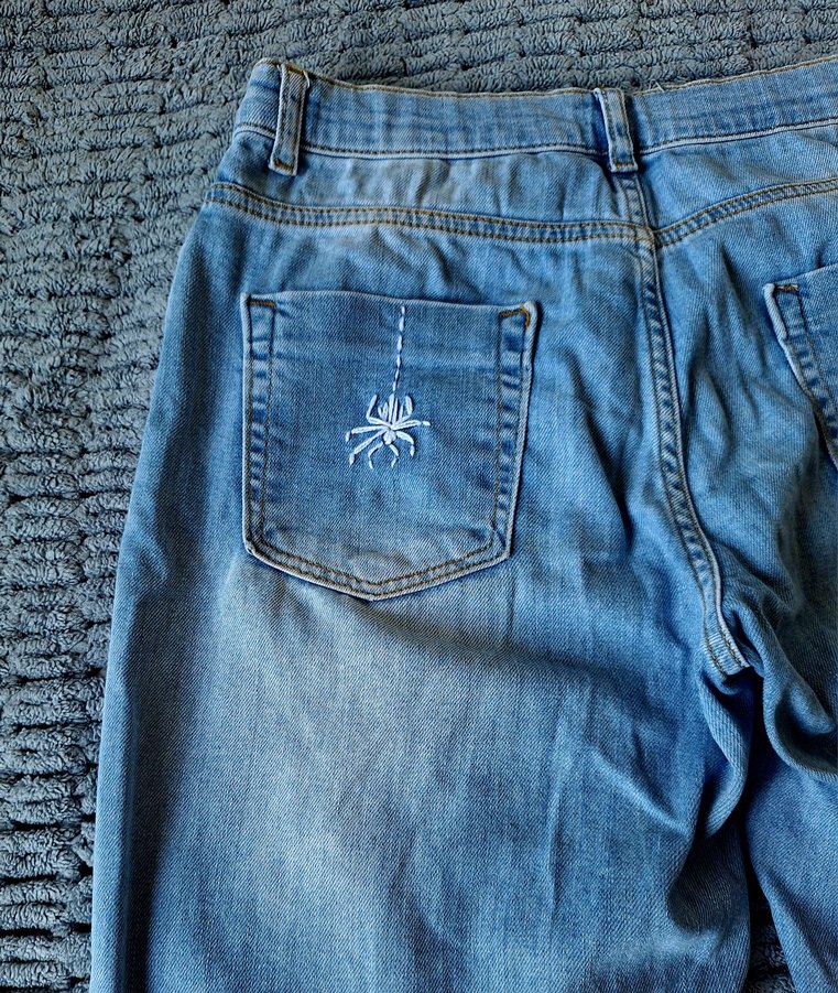 Nakışlı Düğmeli Mavi Bol Kesim kişiselleştirilmiş kot Pantolon - Görsel 2