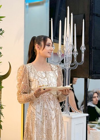 Bej Uzun Kollu Transparan U Yaka İşlemeli Elbise