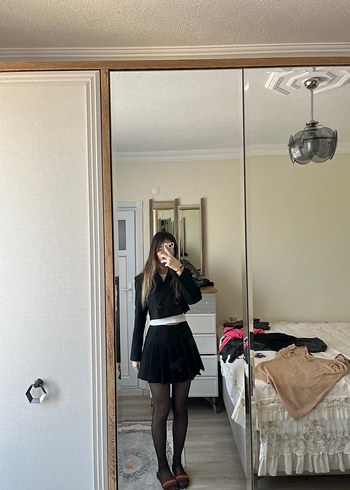 s Beden Klasik Siyah Fitilli Mini Etek ve ceket
