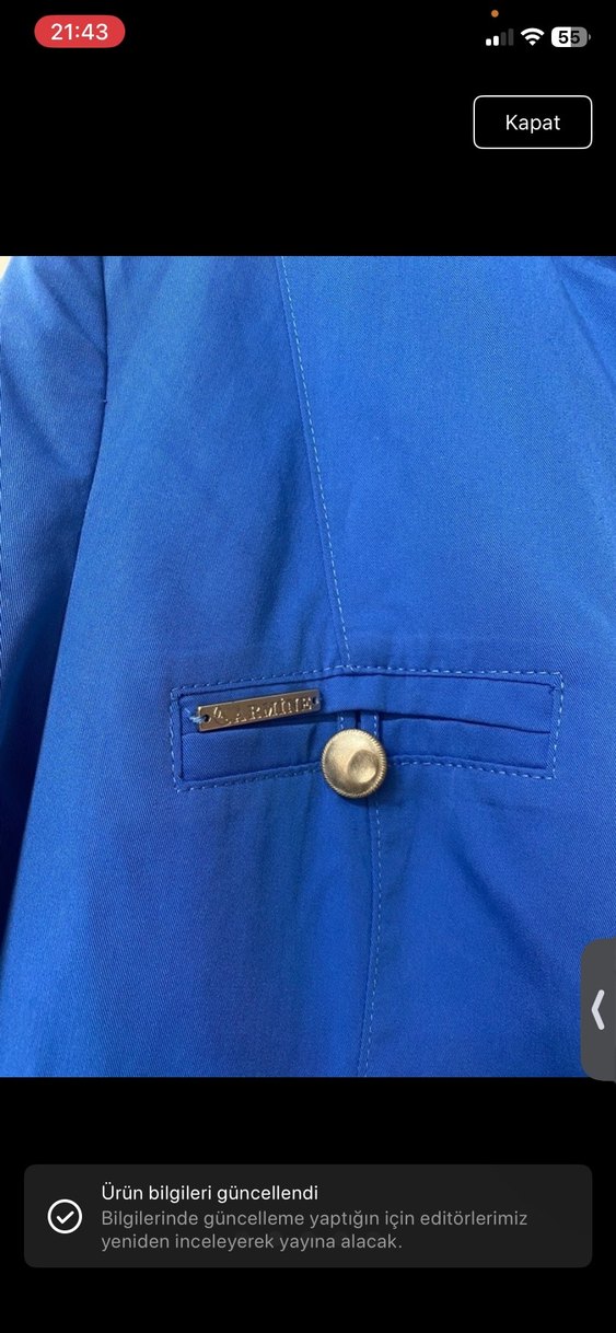 Düğmeli Uzun Mavi kadın Trenckot - Görsel 3