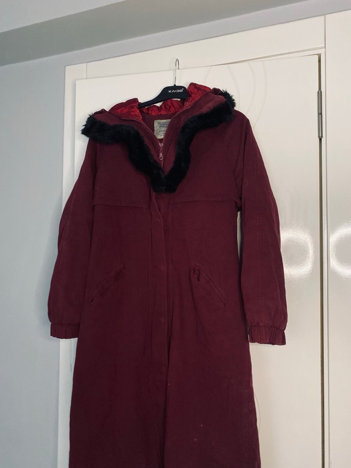 Bordo Kürklü Kadın Uzun Mont - Görsel 2