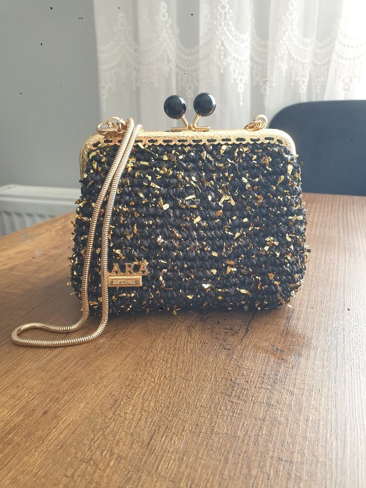 Boncuk İşlemeli Altın Renk Kadın Çanta El Emeği - Görsel 4