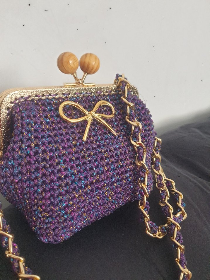 Mor Zincir Detaylı Örgü  Kız Çocuk  Çanta El Emegidir - Görsel 3