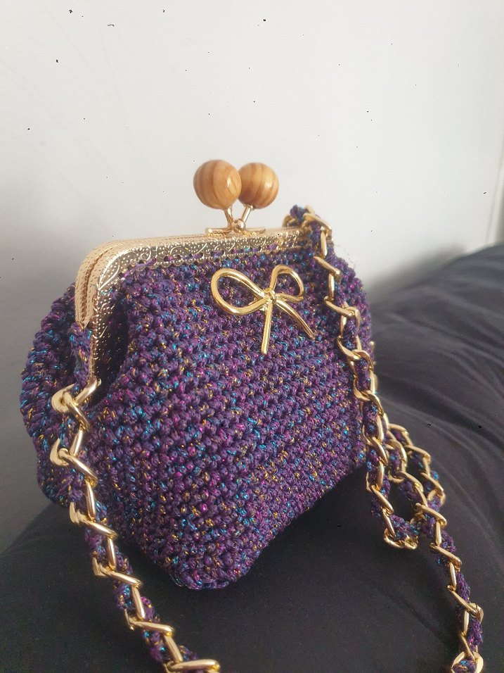 Mor Zincir Detaylı Örgü  Kız Çocuk  Çanta El Emegidir - Görsel 2