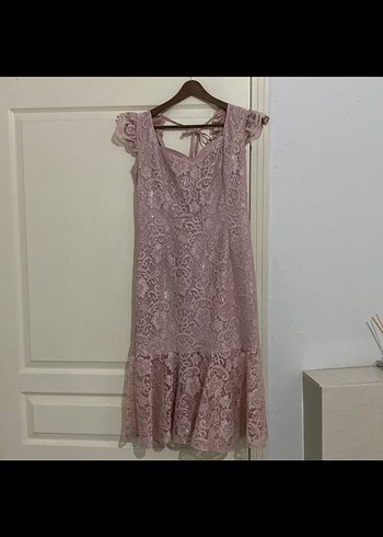 42 Beden pembe Renk Dantel Detaylı Pembe Vintage Abiye Elbise