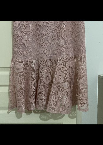42 Beden Dantel Detaylı Pembe Vintage Abiye Elbise