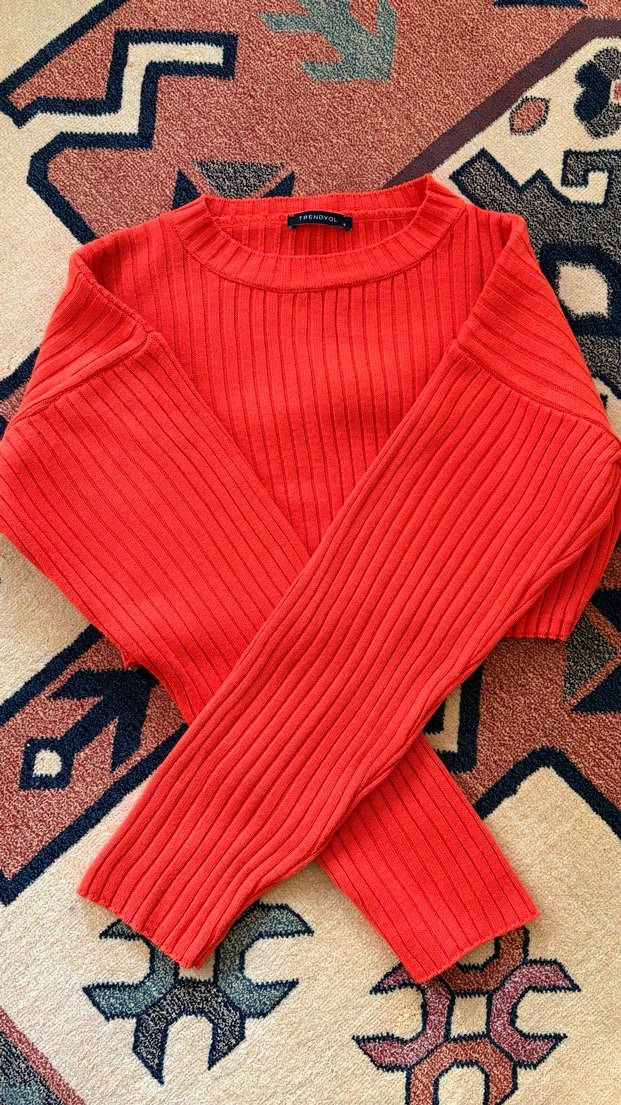 Turuncu Fitilli Örgü Crop Kazak - Görsel 2