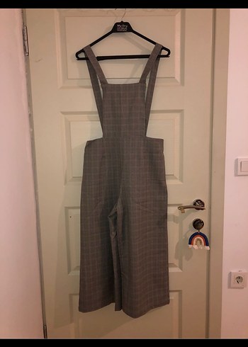 Kadın Bej Kareli Midi Askılı Tulum Çağrı butik