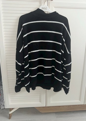 Çizgili Siyah Kadın Boğazlı Triko Kazak - Görsel 2