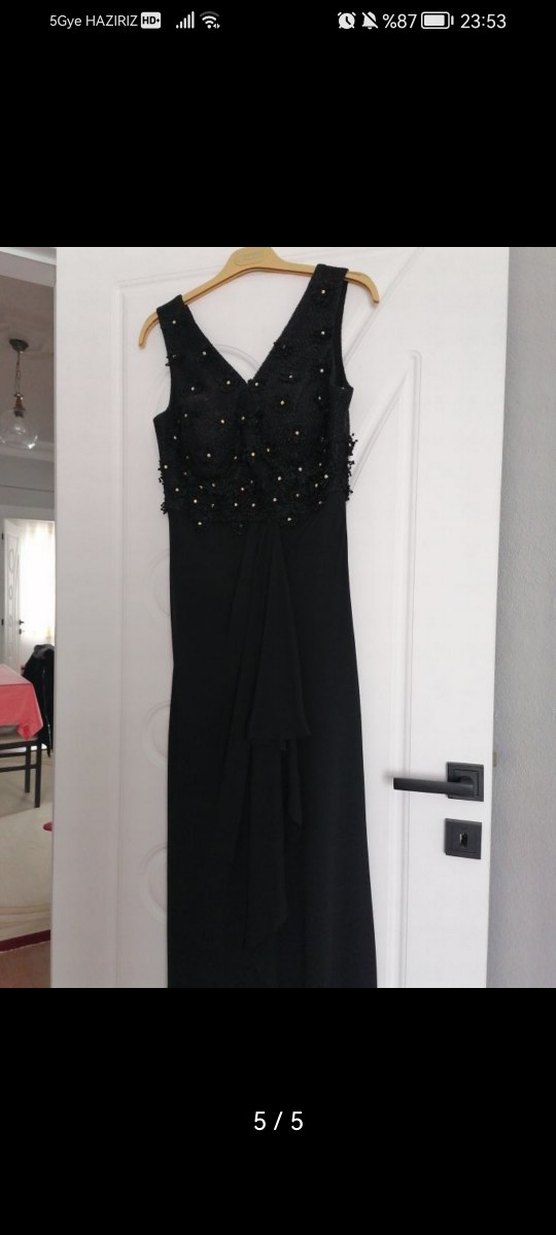 Siyah Uzun V Yaka Abiye Elbise - Görsel 5