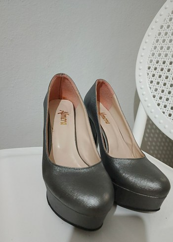 Gri Rugan Yılan Desenli Platform Topuklu Kadın Ayakkabı - Görsel 2