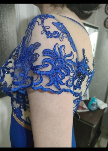 Mavi Dantel Detaylı Midi Abiye Elbise - Görsel 6