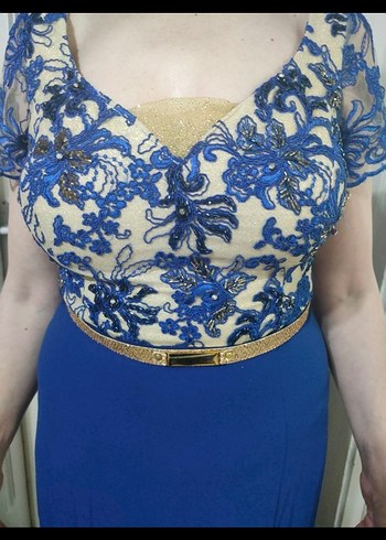 Mavi Dantel Detaylı Midi Abiye Elbise - Görsel 2