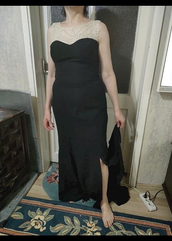 Siyah Drapeli V Yakalı Uzun Abiye Elbise - Görsel 5