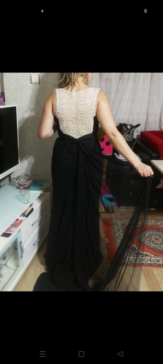 Siyah Drapeli V Yakalı Uzun Abiye Elbise - Görsel 3