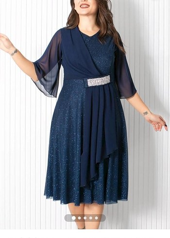 Parlak Lacivert Piliseli Uzun Abiye Elbise - Görsel 3