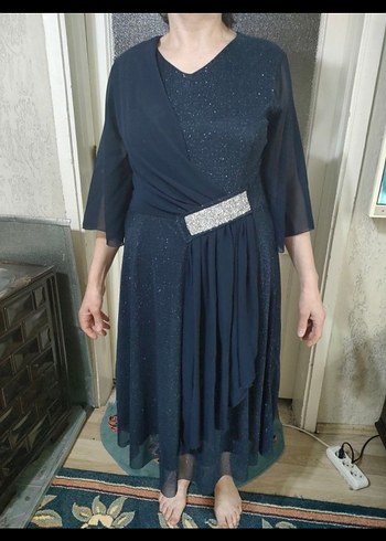 Parlak Lacivert Piliseli Uzun Abiye Elbise - Görsel 5