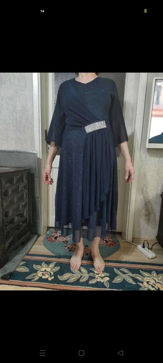 Parlak Lacivert Piliseli Uzun Abiye Elbise - Görsel 4