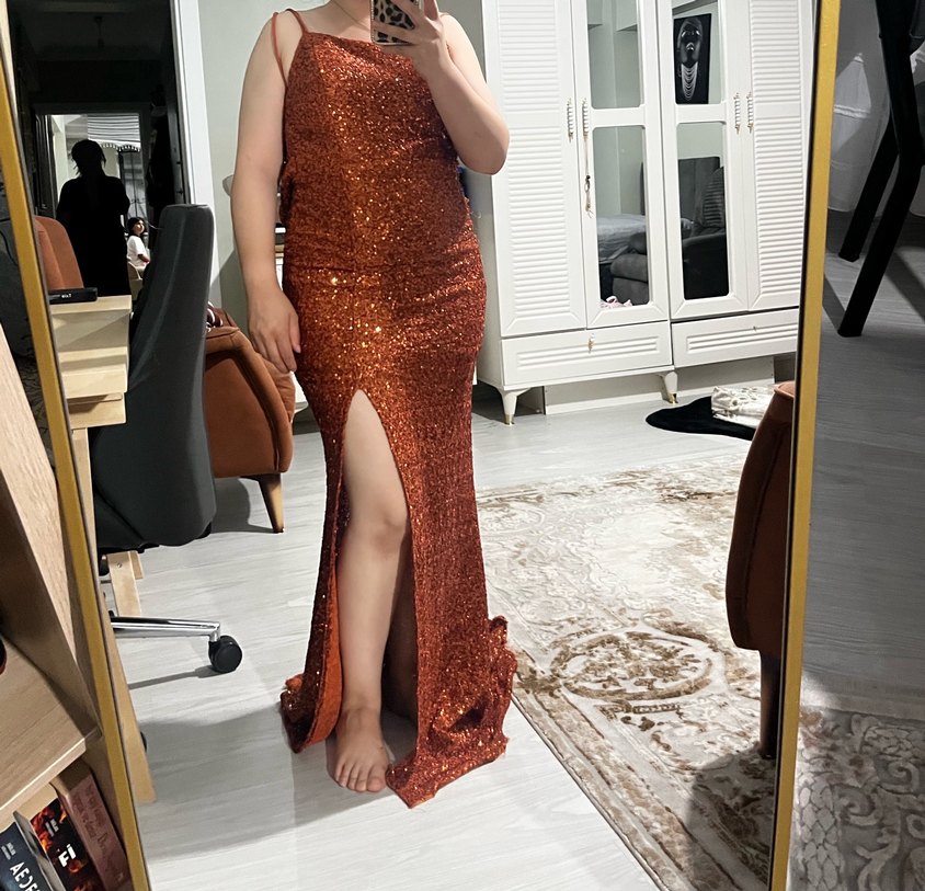 Yılan Desenli Parlak Kahverengi Uzun Abiye Elbise - Görsel 2