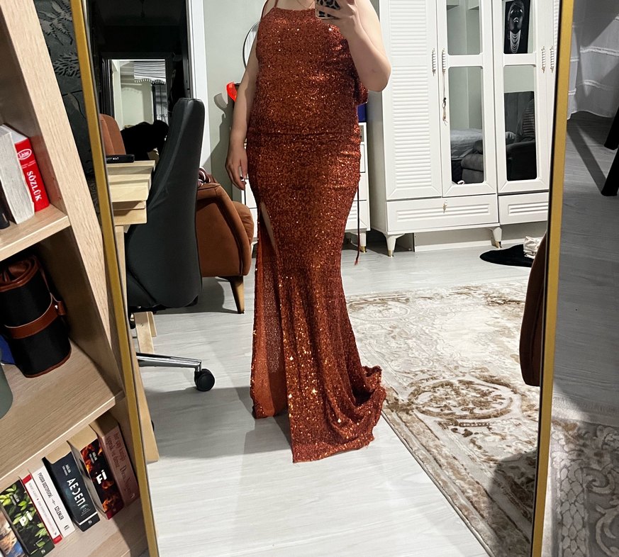 Yılan Desenli Parlak Kahverengi Uzun Abiye Elbise - Görsel 3