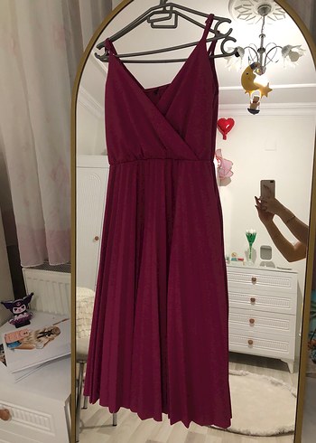 Bordo Drapeli Midi Abiye Elbise