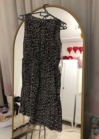 Gri Leopar Desenli Salaş Midi Elbise