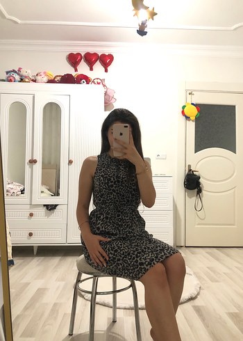 36 Beden Gri Leopar Desenli Salaş Midi Elbise