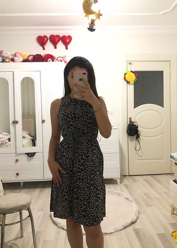 LC Waikiki Gri Leopar Desenli Salaş Midi Elbise