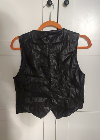 Düğmeli Siyah Deri Kadın Yelek - Görsel 3