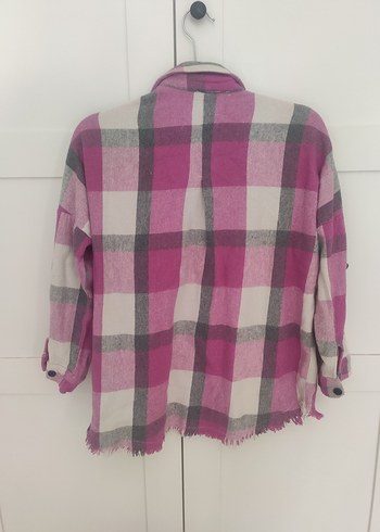 Düğmeli Pembe Gri Ekose Kadın Gömlek - Görsel 2