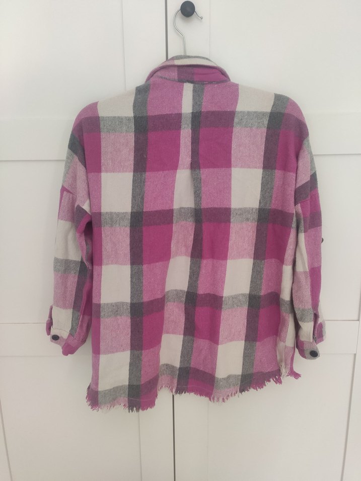 Düğmeli Pembe Gri Ekose Kadın Gömlek - Görsel 2