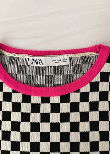 Zara Pembe Kenarlı Kareli Triko Elbise