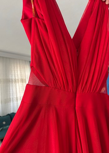 Kırmızı Drapeli Uzun Abiye Elbise - Görsel 2