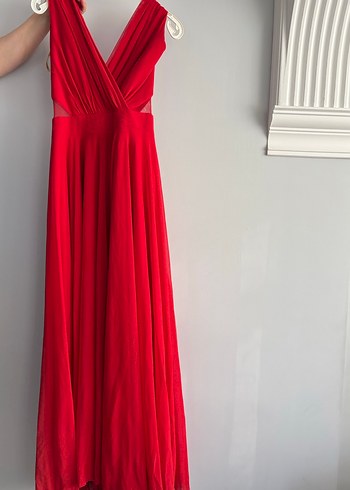 Kırmızı Drapeli Uzun Abiye Elbise - Görsel 5