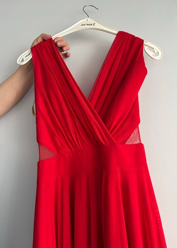 Kırmızı Drapeli Uzun Abiye Elbise - Görsel 4
