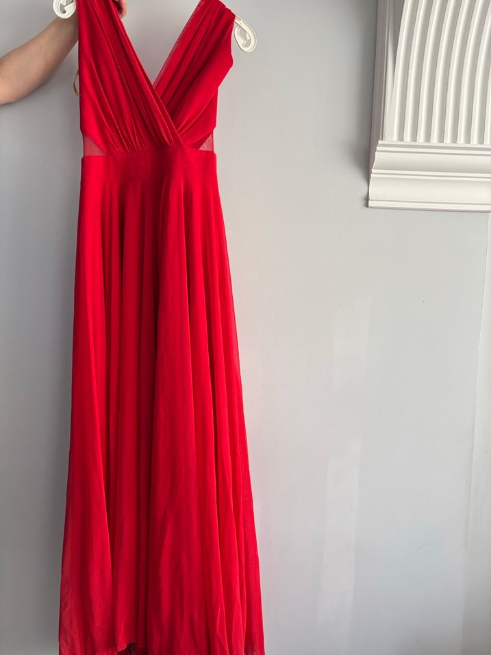 Kırmızı Drapeli Uzun Abiye Elbise - Görsel 5