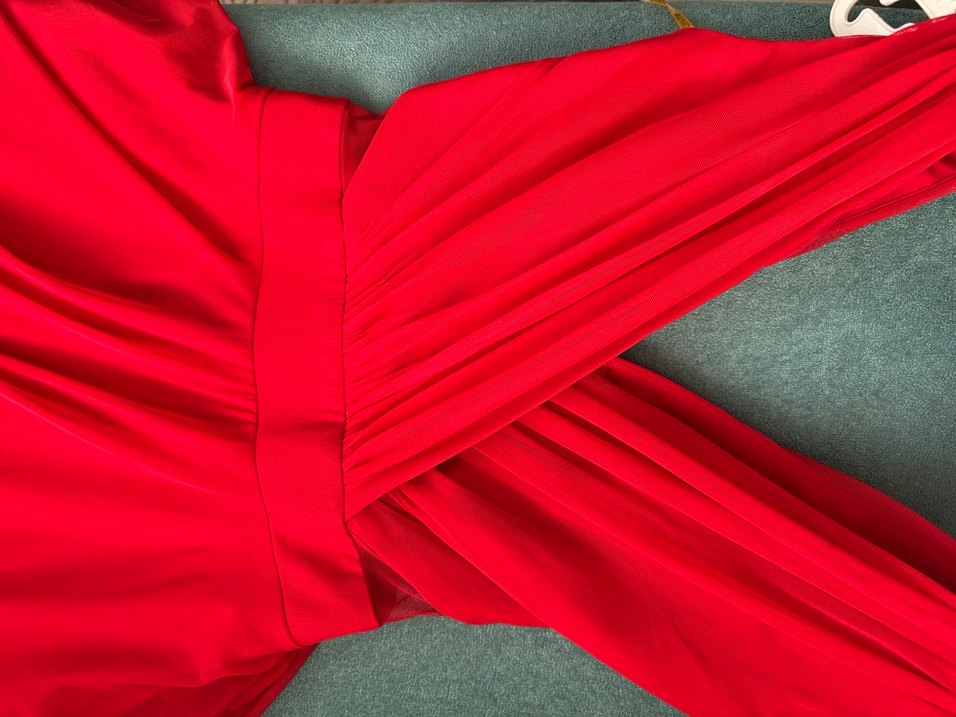 Kırmızı Drapeli Uzun Abiye Elbise - Görsel 3