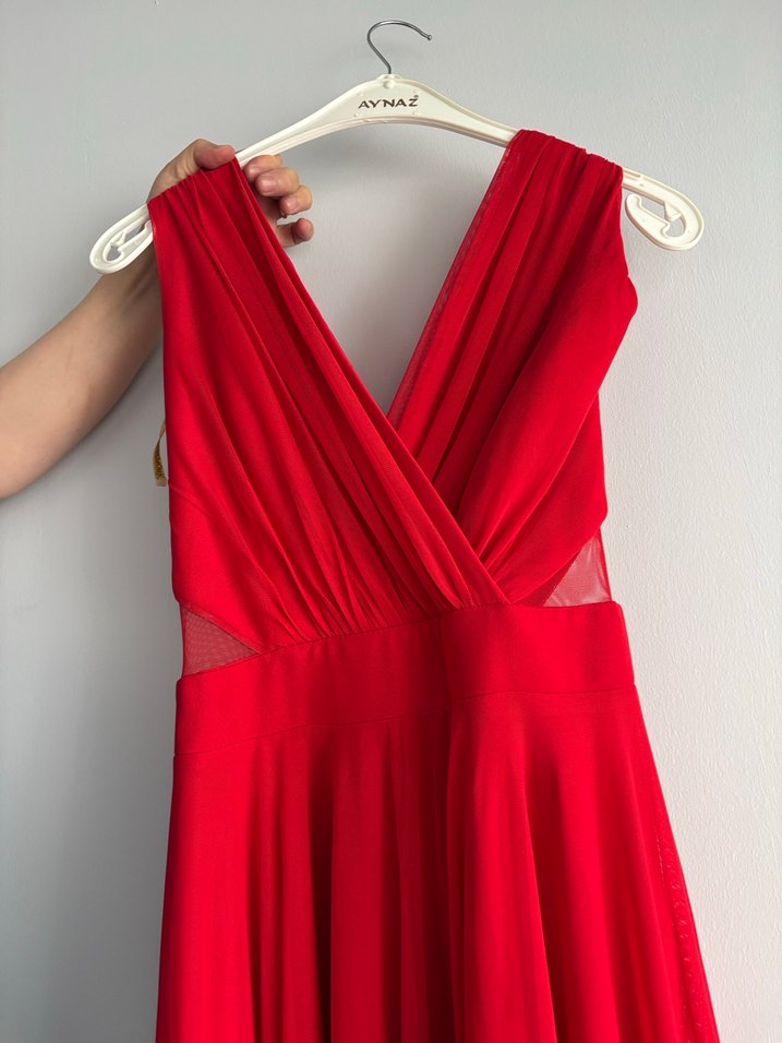 Kırmızı Drapeli Uzun Abiye Elbise - Görsel 4