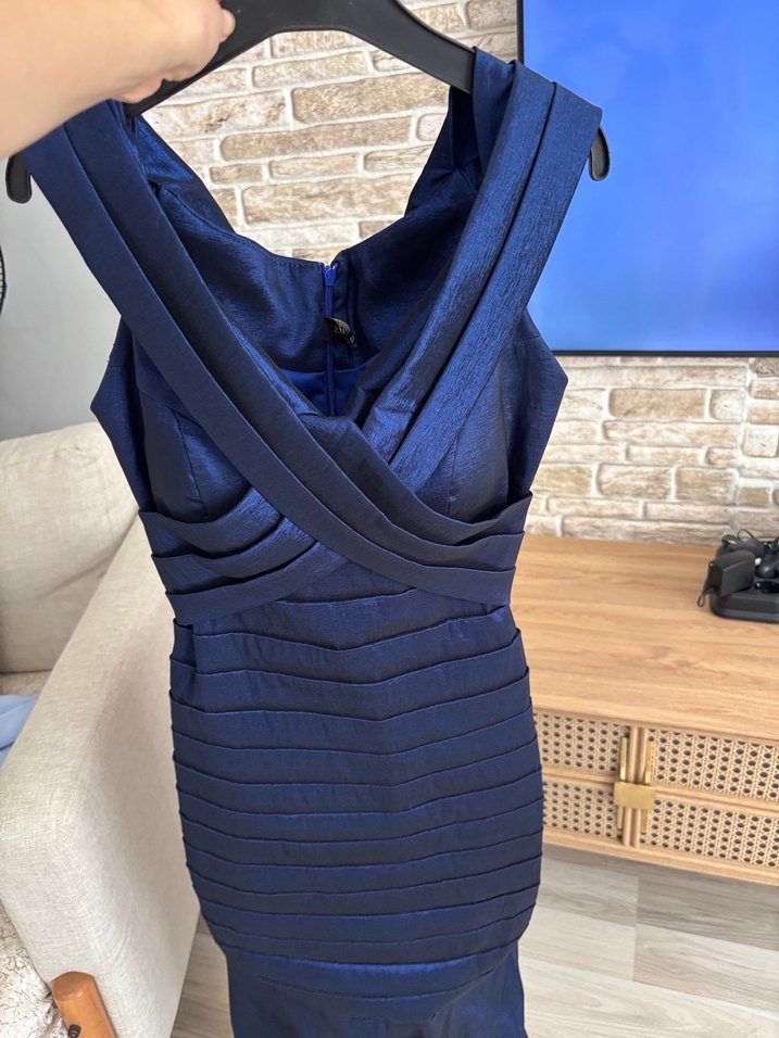 Lacivert Pilili Midi Abiye Elbise - Görsel 3