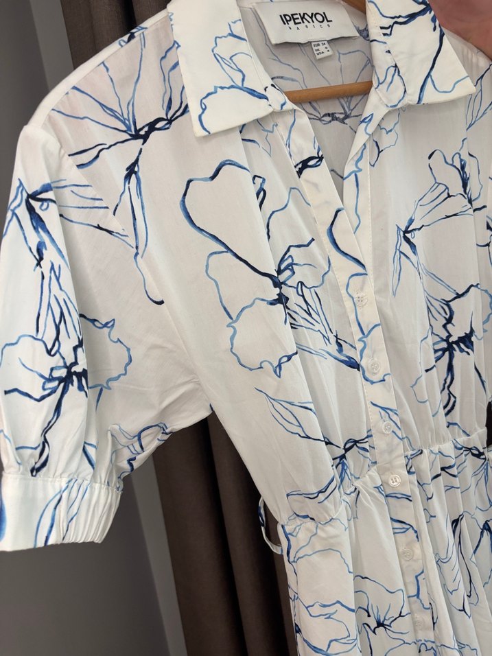 Beyaz Çiçek Desenli Uzun Salaş Elbise - Görsel 4