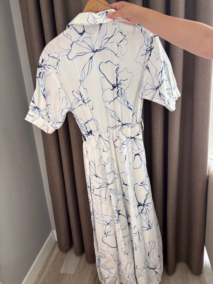 Beyaz Çiçek Desenli Uzun Salaş Elbise - Görsel 5