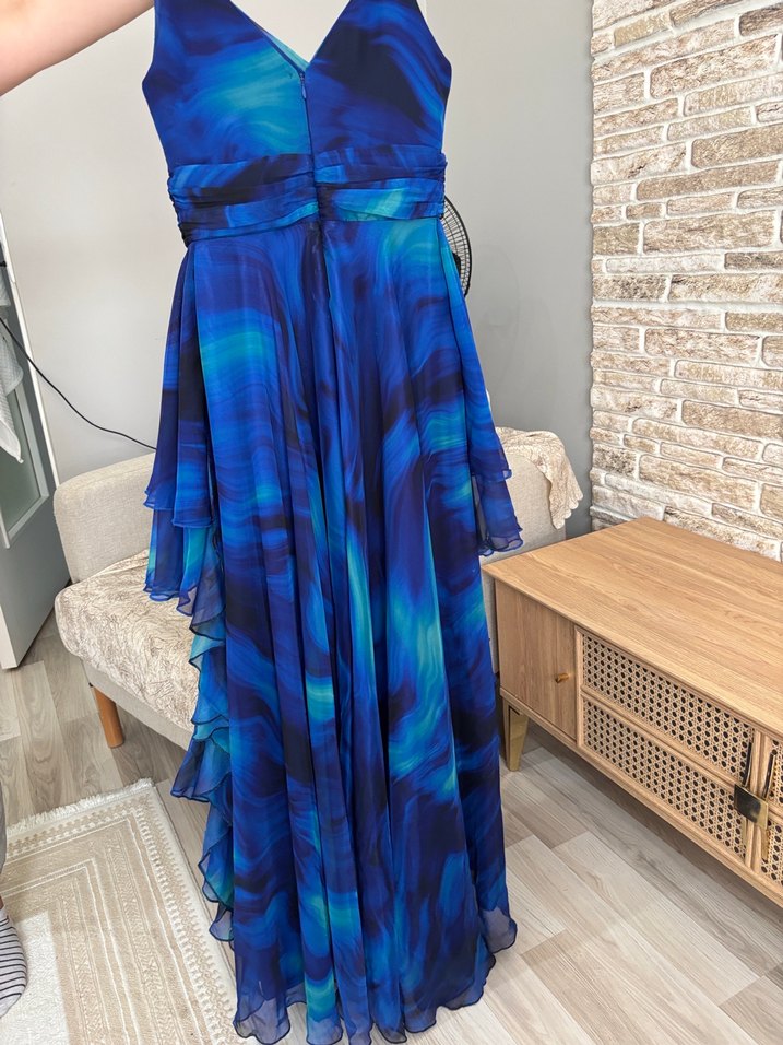 Mavi Uzun Drapeli V Yaka Abiye Elbise - Görsel 2