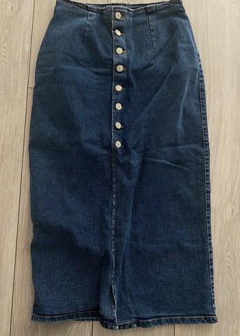 38 Beden Düğmeli Mavi Midi Denim Etek