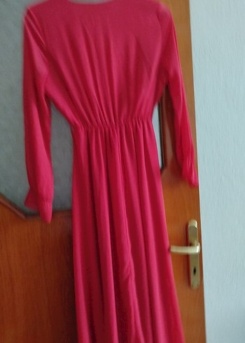 kirmizi V Yakalı Uzun Kollu Kadın Elbise - Görsel 3