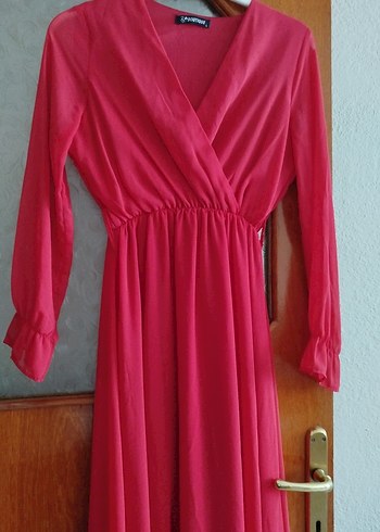 kirmizi V Yakalı Uzun Kollu Kadın Elbise - Görsel 2