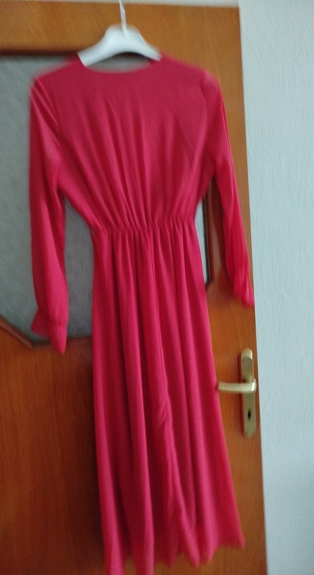 kirmizi V Yakalı Uzun Kollu Kadın Elbise - Görsel 3