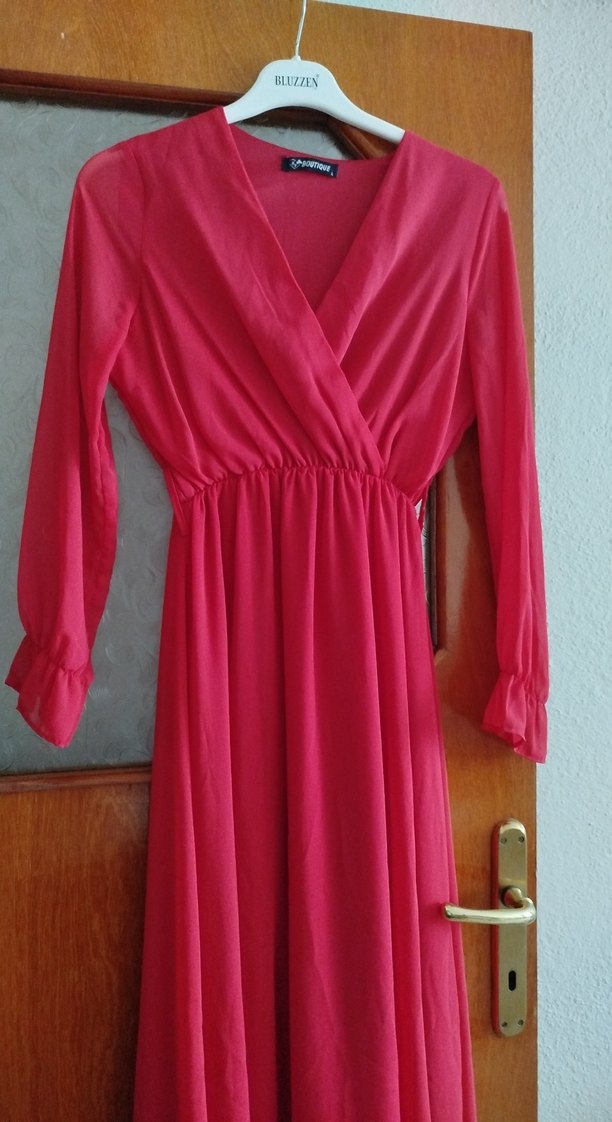 kirmizi V Yakalı Uzun Kollu Kadın Elbise - Görsel 2