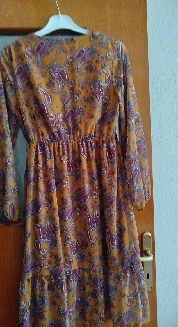 Bohem V Yaka Uzun Kahverengi Hint Elbisesi - Görsel 4