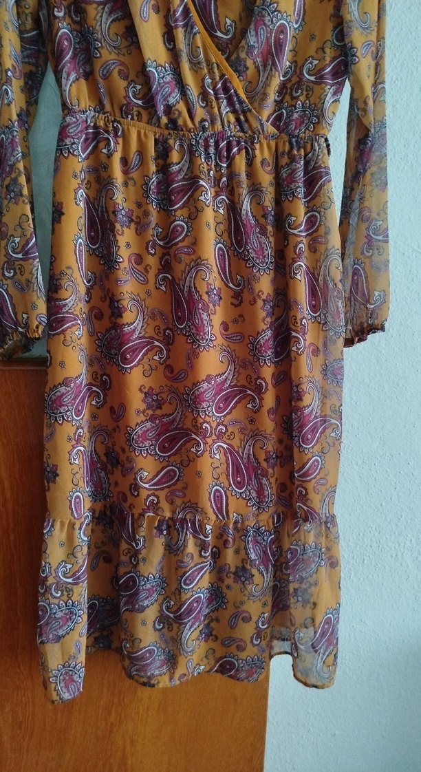 Bohem V Yaka Uzun Kahverengi Hint Elbisesi - Görsel 3